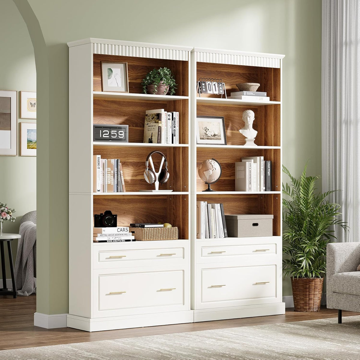 Tribesigns 5-Shelf Bookcase with File Cabinet Drawer, 72" Tall Bookshelf, Modern Free-Standing Wood Bookcase, Large Open Display Storage Book Shelf for Living Room (2pcs, White)
