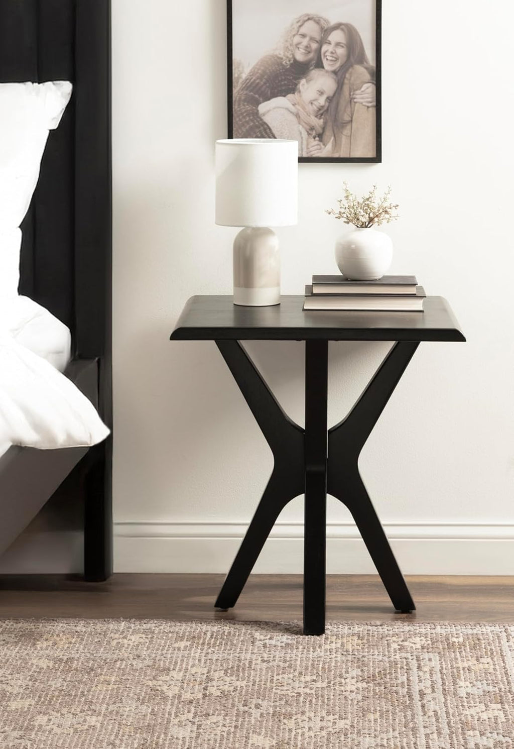 Kate and Laurel Yates Mid-Century Modern Wooden Rectangle Side Table, 22 x 18 x 25, Black, Transitional Rectangular End Table with Geometric X-Design for Use as Bedroom Black Night Stand