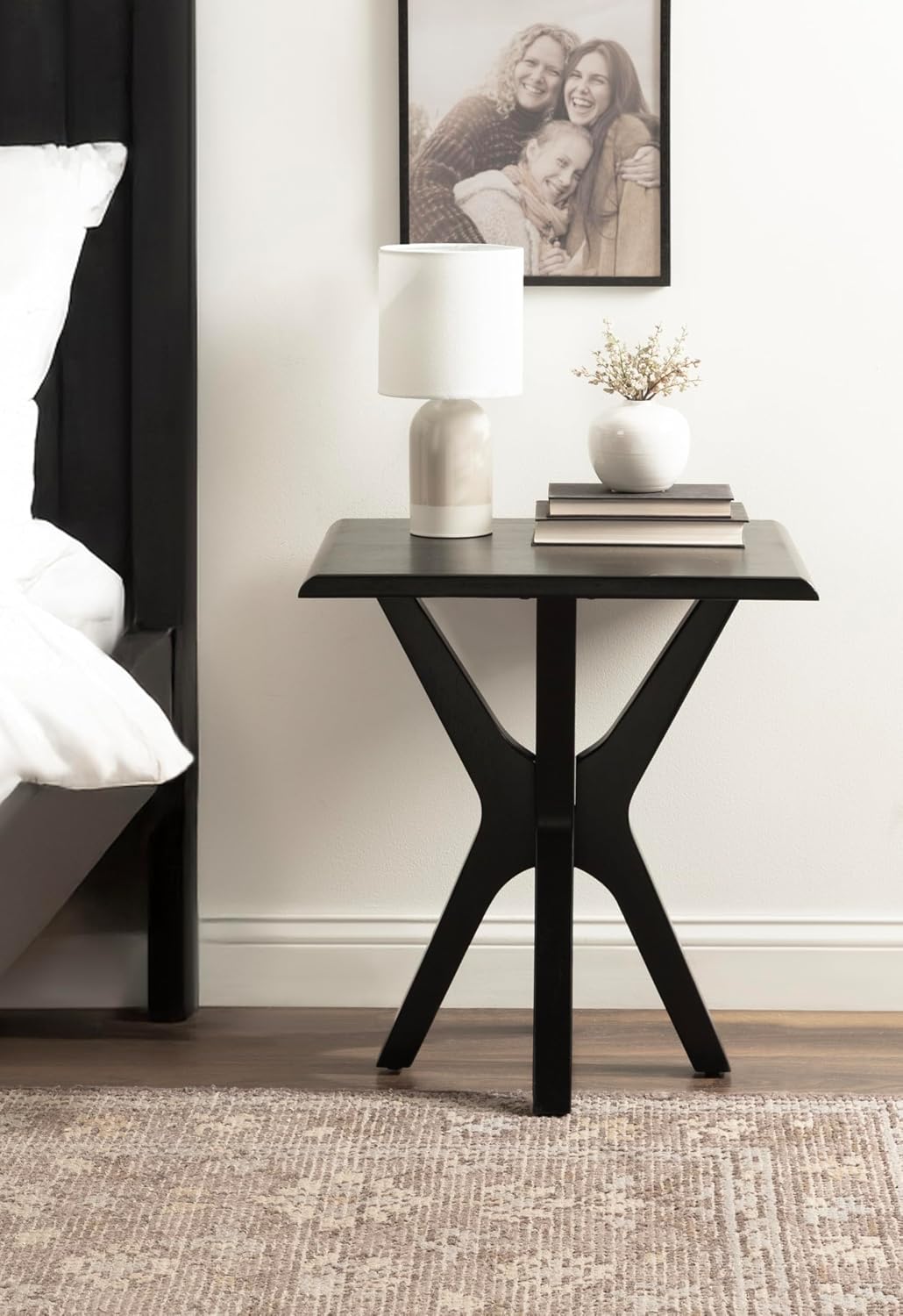 Kate and Laurel Yates Mid-Century Modern Wooden Rectangle Side Table, 22 x 18 x 25, Black, Transitional Rectangular End Table with Geometric X-Design for Use as Bedroom Black Night Stand