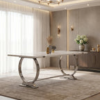 BQueen 78 inch White and Silver Dining Table for 4-8, Luxury Modern White Large Kitchen Table with Chrome Stainless Steel U-Base for Dining Room Kitchen Apartment