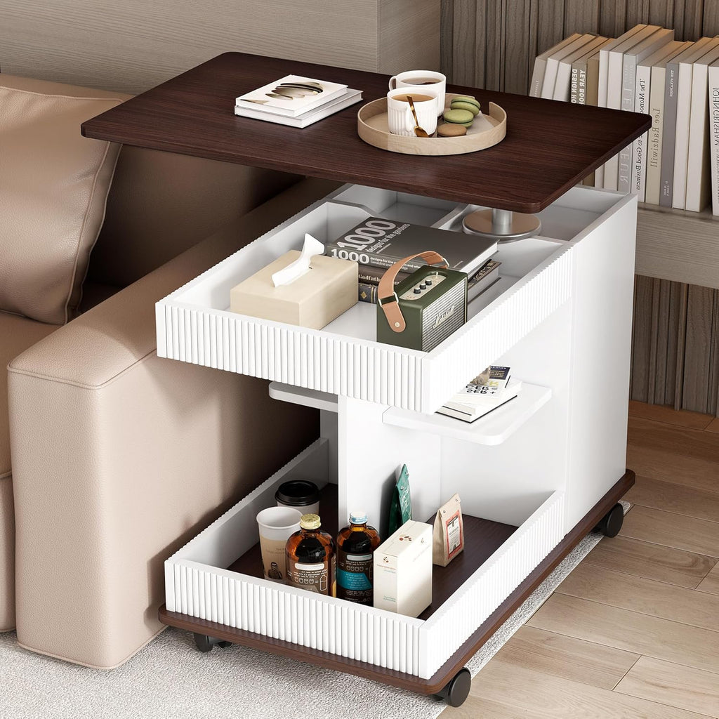 Adjustable End Table with Wheels, Modern Multifunctional Sofa Side Table with Lift-Top, 360°Rotating Top and Storage Space for Living Room, Small Space, Brown+White
