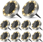10 Pack Solar Ground Lights Outdoor, 8 LED Mini Flat Solar Disk Lights, IP65 Waterproof Anti-Rust Disc Light, Landscape Lighting for Garden Pathway Yard Walkway Driveway Lawn,Warm White