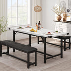 Garvee 63 in Extendable Dining Table Set for 4-6 People, 3-Piece Kitchen Table Set with 2 Upholstered Benches, Farmhouse Dining Room Table Set for Kitchen, Living Room, Apartment, Marble White