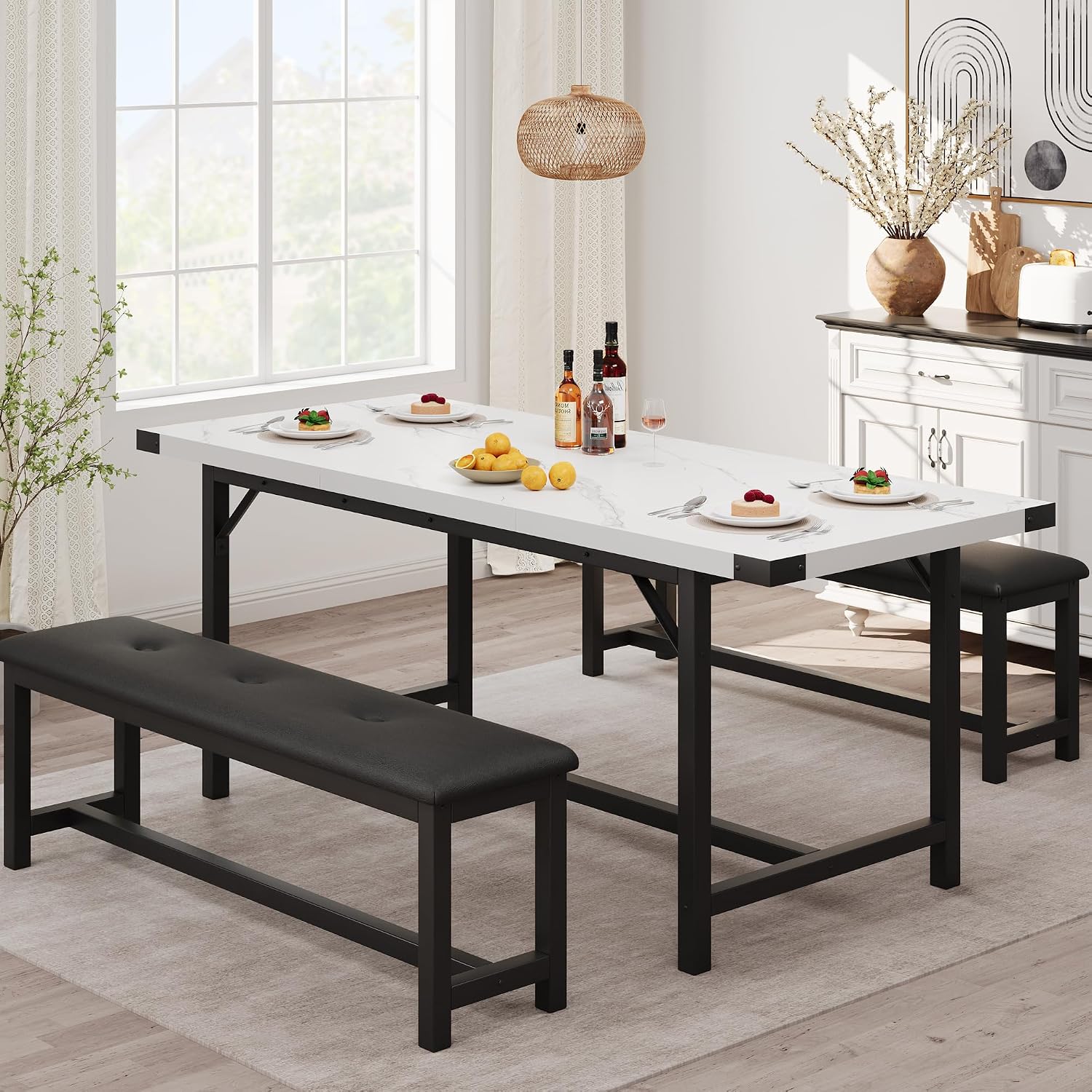 Garvee 63 in Extendable Dining Table Set for 4-6 People, 3-Piece Kitchen Table Set with 2 Upholstered Benches, Farmhouse Dining Room Table Set for Kitchen, Living Room, Apartment, Marble White