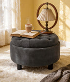 25'' Round Storage Ottoman with Reversible Tray Lid, Tufted Footrest Stool with Hidden Storage, Couch Side Table for Low Tea (Dark Grey)