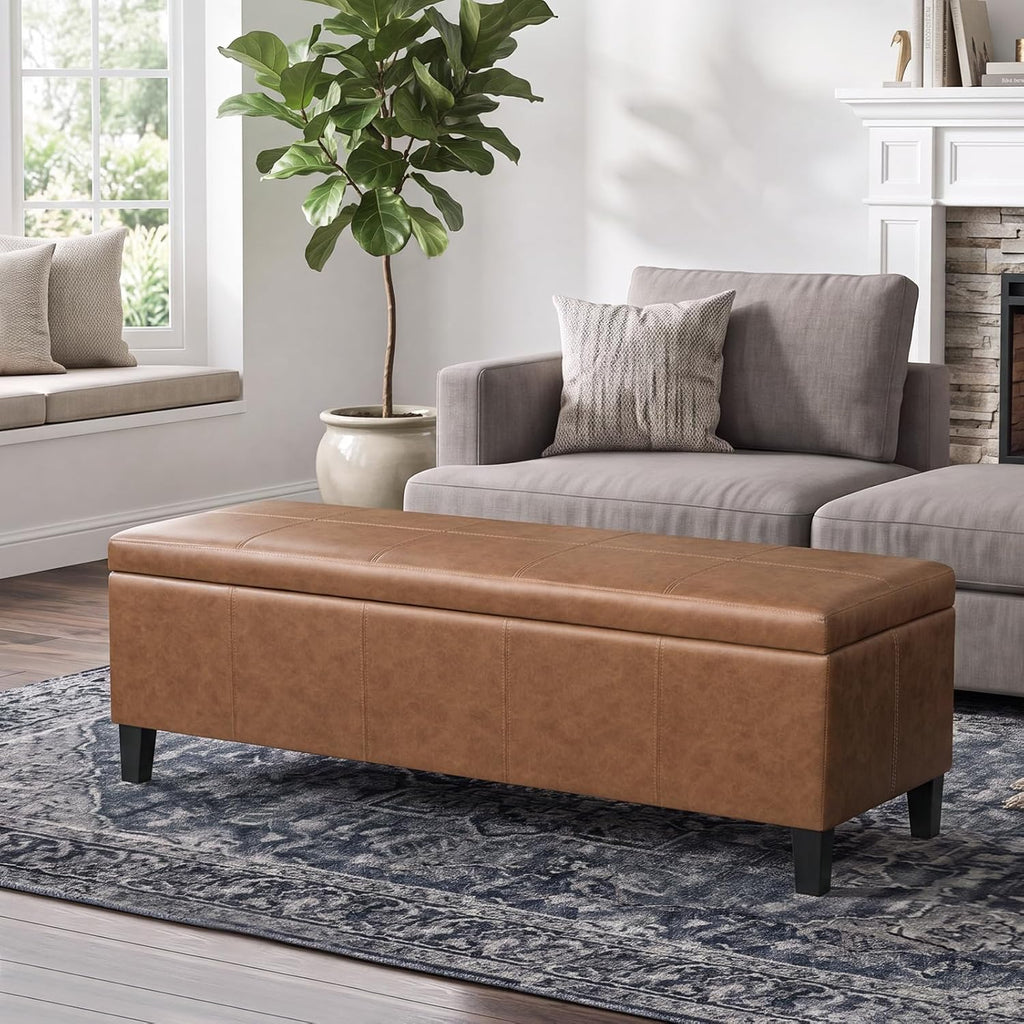 Faux Leather Storage Bench Ottoman, 50 Inch Upholstered Storage Bench with Large Compartment, Durable Accent Seating Bench for Entryway, Bedroom, Living Room Furniture