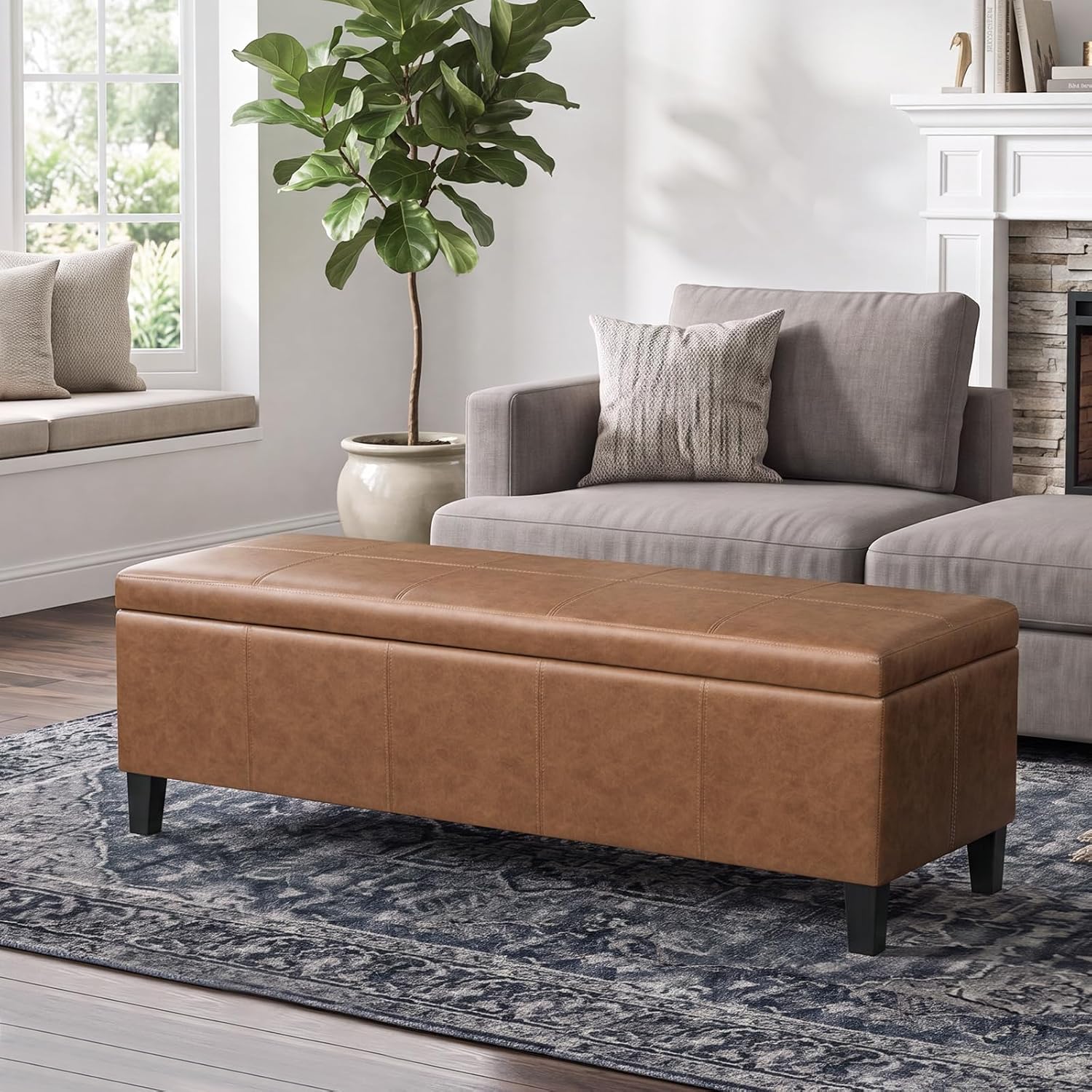 Faux Leather Storage Bench Ottoman, 50 Inch Upholstered Storage Bench with Large Compartment, Durable Accent Seating Bench for Entryway, Bedroom, Living Room Furniture