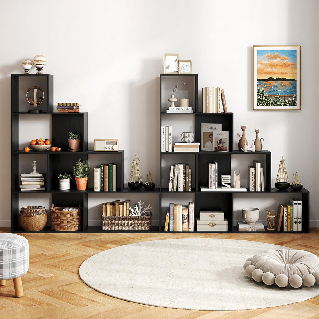 Tangkula 4-Tier Stepped Bookshelf, Freestanding 6 Cubes Ladder Bookcase with Anti-Tipping Kits, 64" Tall Modern Wooden Storage Display Rack for Home Office Living Room Study (1, Black)