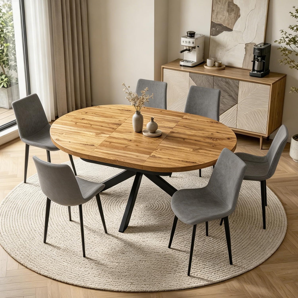 7-Piece Extendable Round Dining Table with Chairs Set for 6, 43"-59" Kitchen Dining Table Set with Heavy Duty Leg for Dining Living Room Apartment(Oak Table + 6 Gray Chairs)