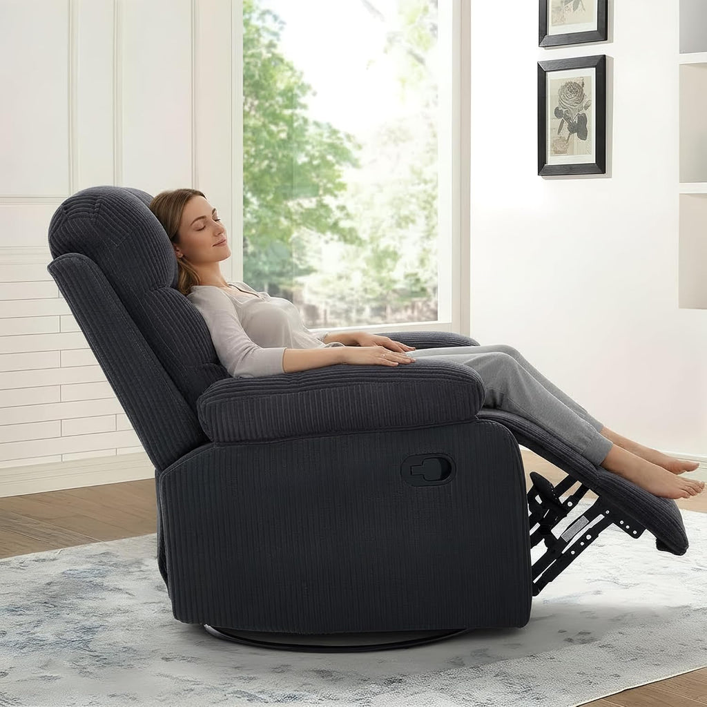Rocking Recliner Chair,Modern Swivel Glider Recliner Chair,Corduroy Fabric Upholstery Recliner,Manual Reclining Sofa Chair for Living Room,Office,Apartment (Dark Grey)