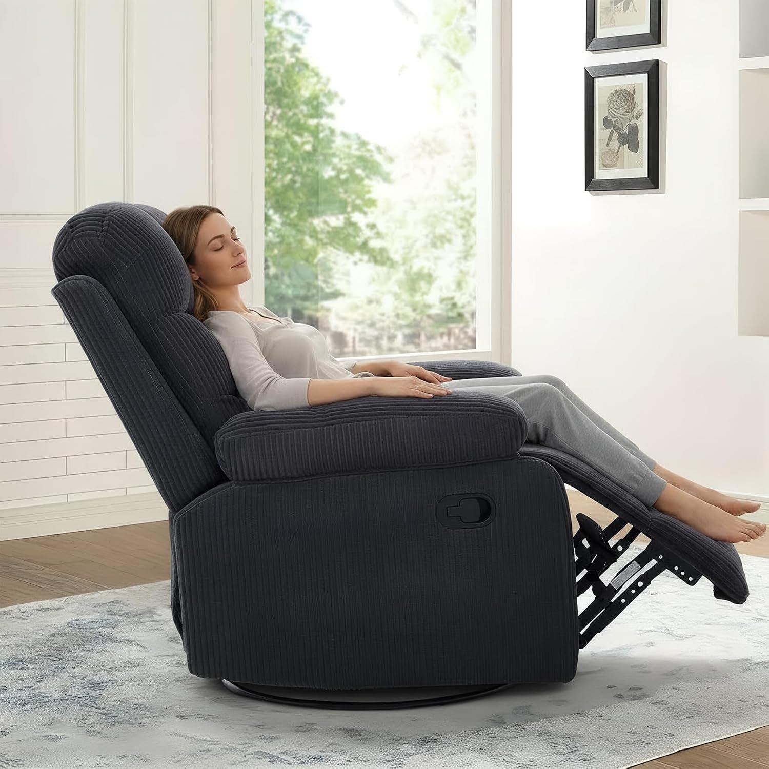 Rocking Recliner Chair,Modern Swivel Glider Recliner Chair,Corduroy Fabric Upholstery Recliner,Manual Reclining Sofa Chair for Living Room,Office,Apartment (Dark Grey)