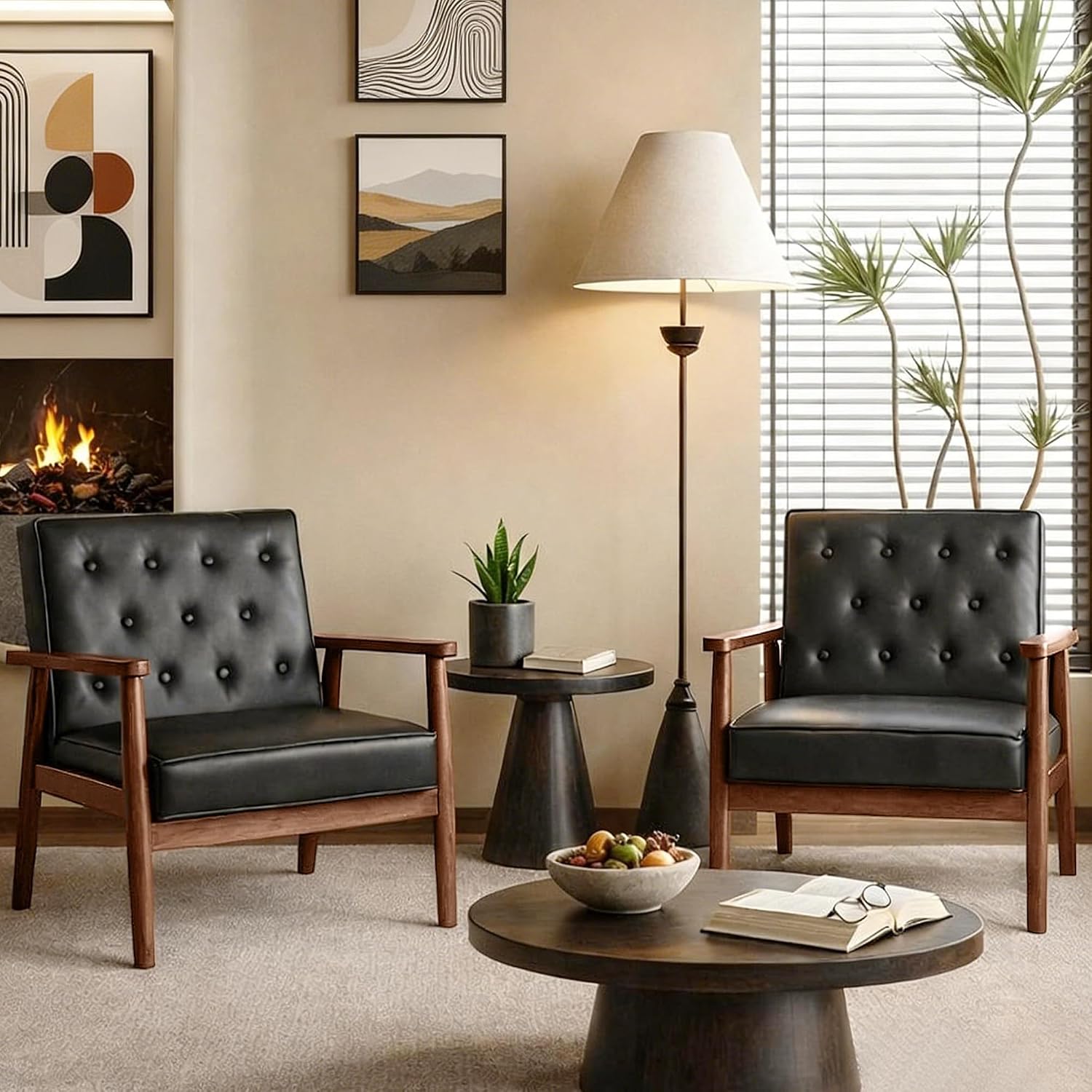 Waiting Room Accent Chairs Set of 2, Black Leather ArmChairs, Office Guest | STHOUYN Mid Century Modern, Wood Arms, Office Lobby Living Room Chair