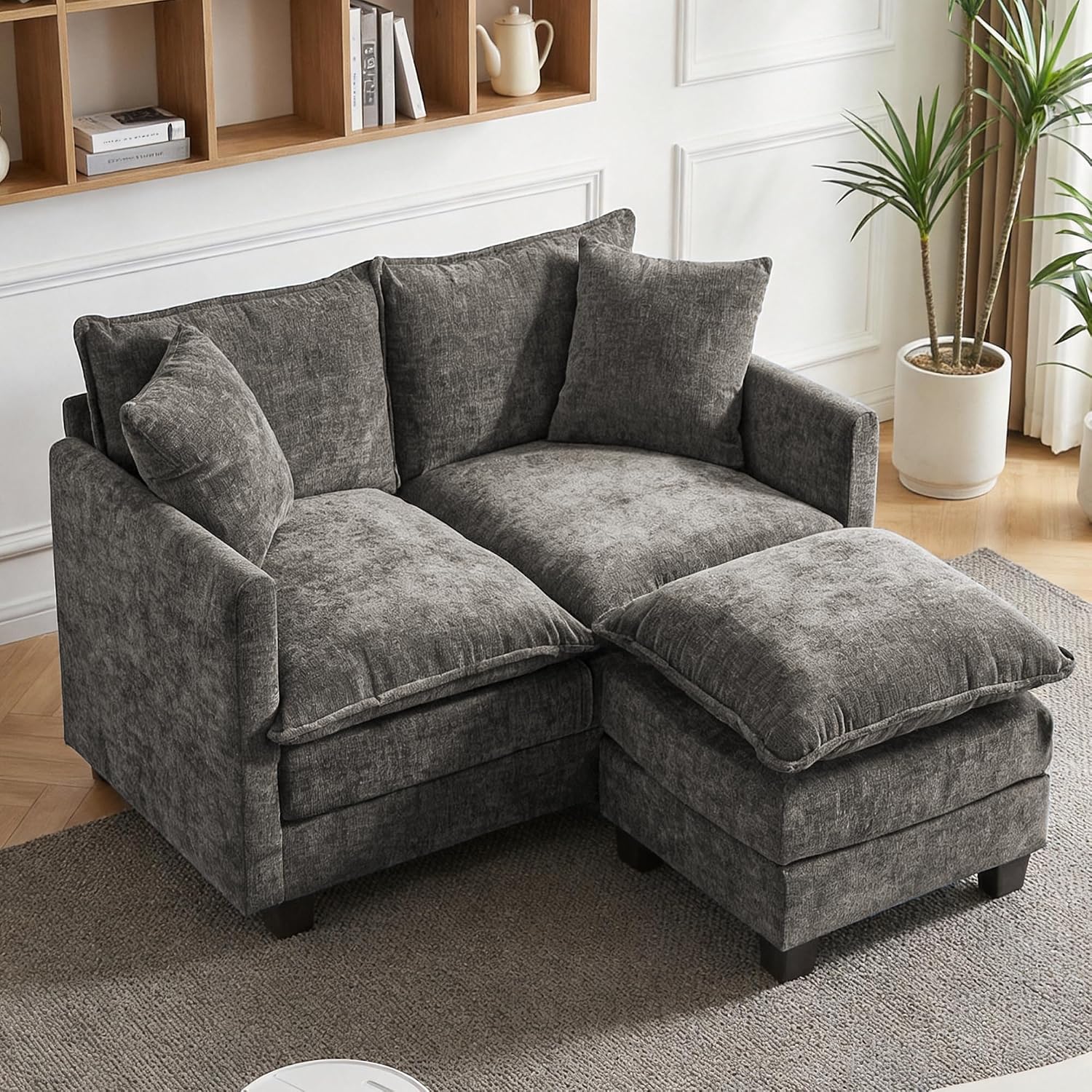 52'' Loveseat Sofa with Ottoman,Cloud Sofa Couch for Living Room | 27" Deep Seat & 2 Pillows, Modern Comfy Chenille Small Couch for Small Spaces, Apartment, Studio, Bedroom, Living Room