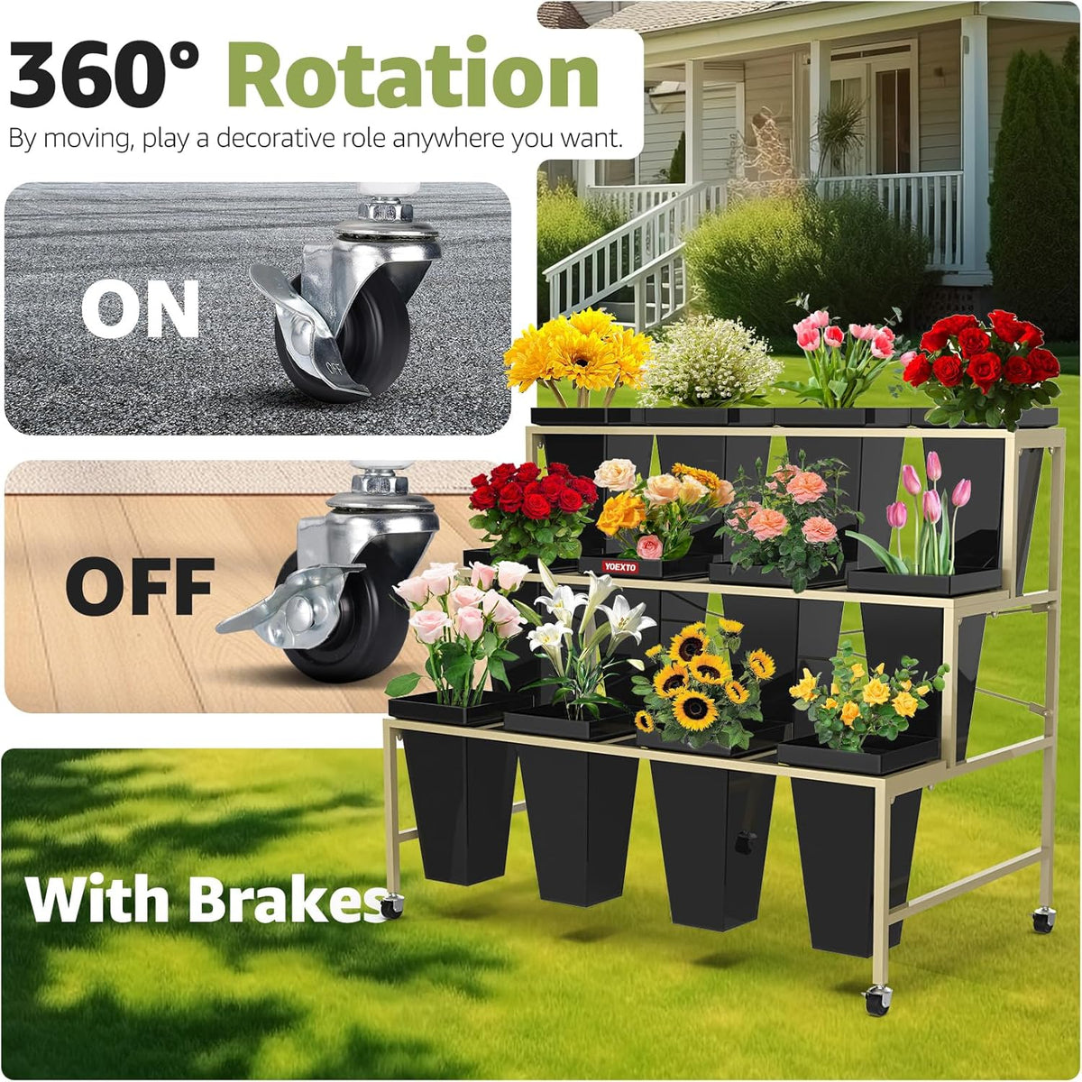 Flower Display Stand 3 Layers with Buckets, 12 PCS Buckets Plant Stand with Wheels, Movable Metal Plant Stand for Terrace Garden, Living Room, Florist Shop