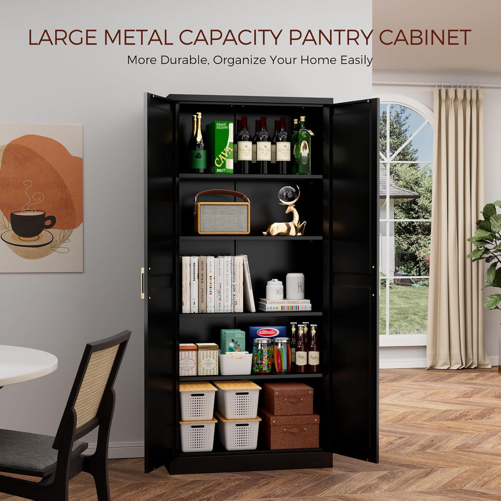 71" Tall Metal Pantry Cabinet, Black Kitchen Pantry Storage Cabinet with 4 Adjustable Shelves and Gold Handles, Cupboard for Kitchen, Dining Room, Living Room, Bathroom