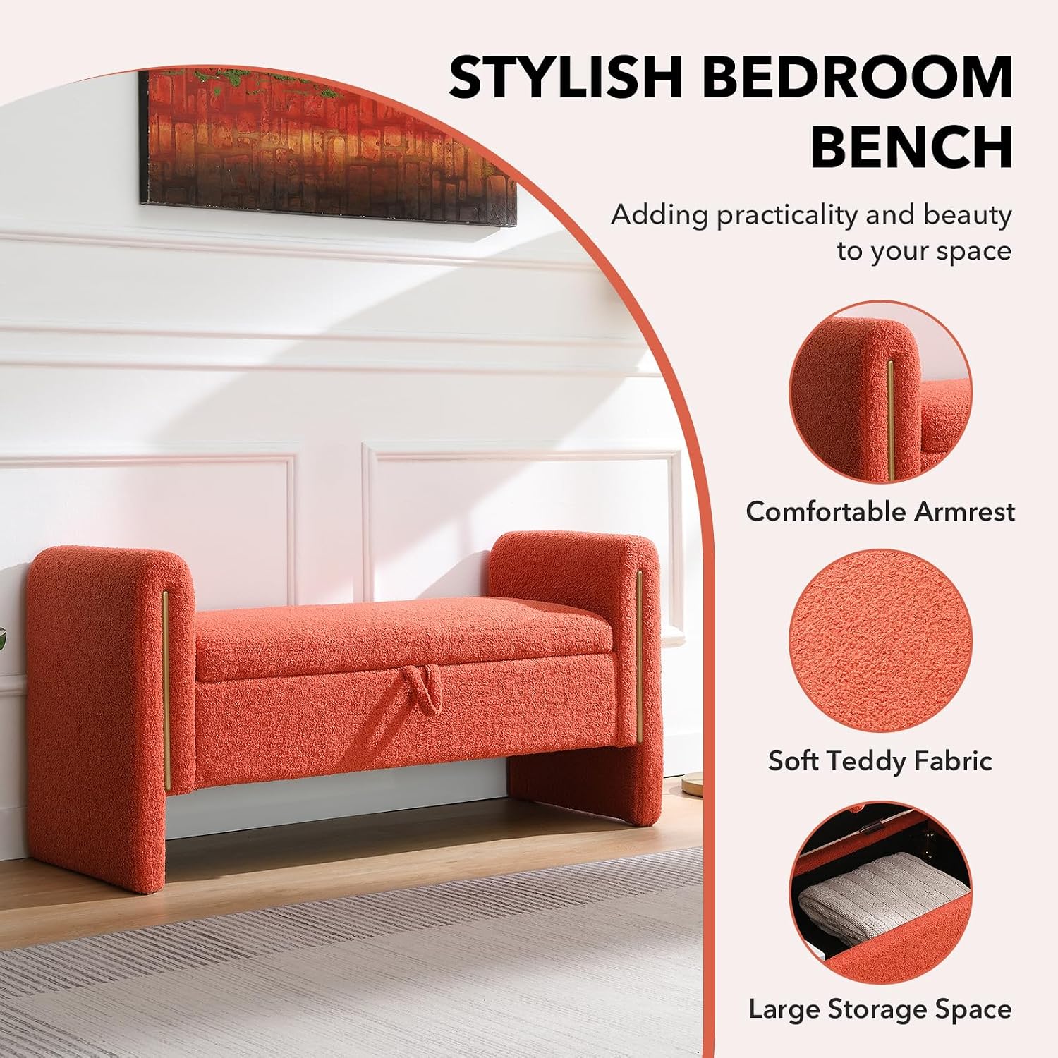 NIOIIKIT 52" Storage Ottoman Bench, Teddy Upholstered Storage Bench with Armrest, Entryway Bench with Pull-Ring, End of Bed Bench, Window Bench for Living Room (Orange)