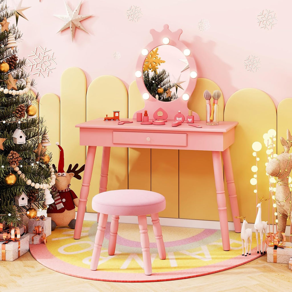 HONEY JOY Kids Vanity with Lights, Princess Wooden Makeup Table & Stool with Drawer, 3-Color LED Lights, Toddler Dressing Vanity for Little Girls, Pretend Play Kids Vanity Table and Chair Set (Pink)