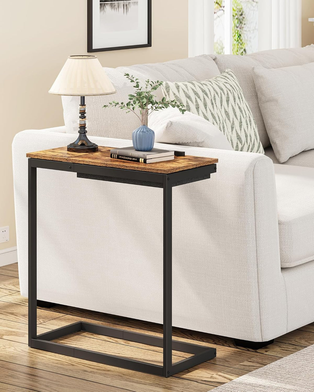TUTOTAK C Shaped End Table, Tilting Laptop Stand Side Table, Under Couch Table for Living Room Bedroom, Brown TB01BB089