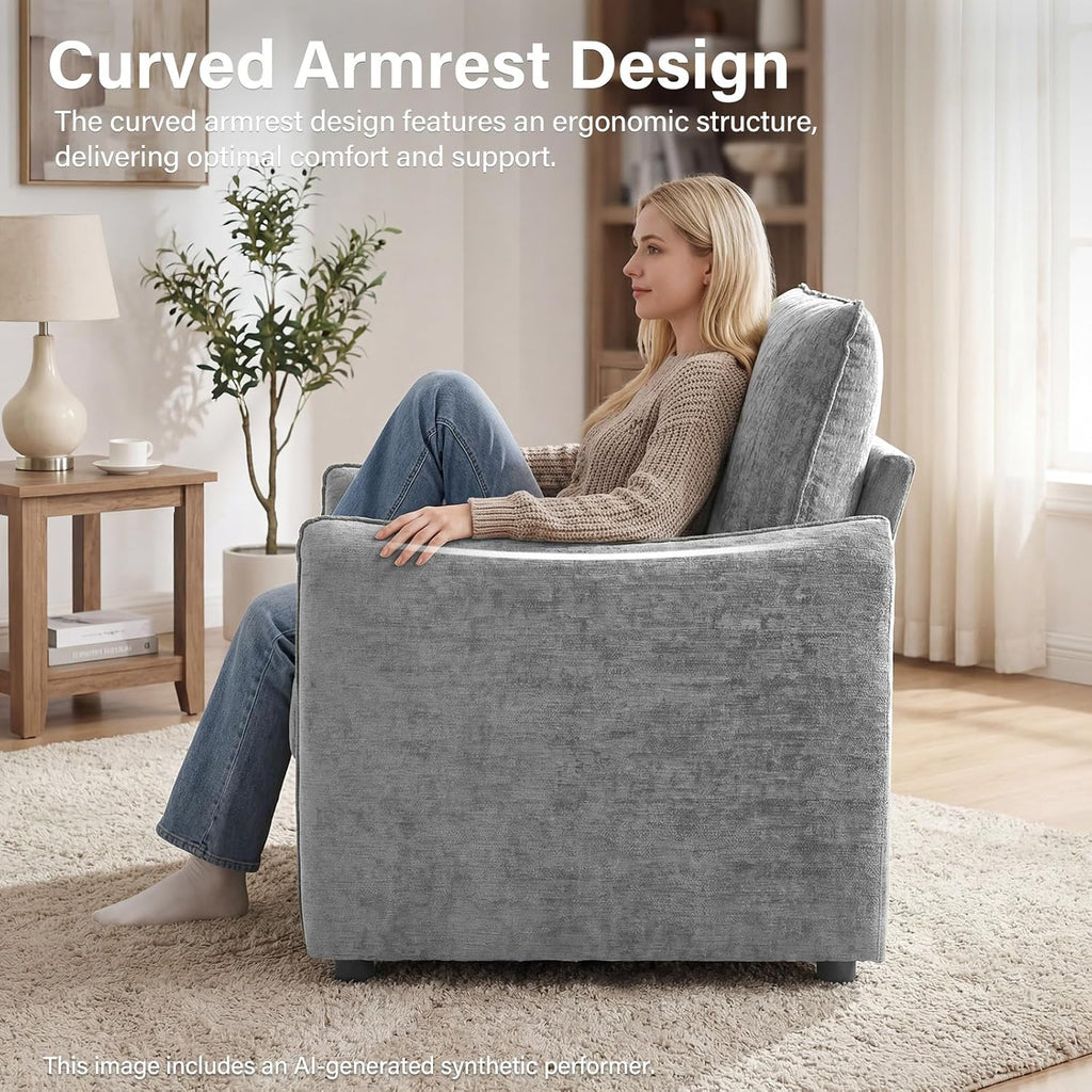 Elegant Oversized Accent Chair for Living Room, 42.1", Chenille, Gray | Modern Upholstered Piping Single Reading Armchair with Cushion Backrest and 2 Pillows for Bedroom, Office, Reception Area