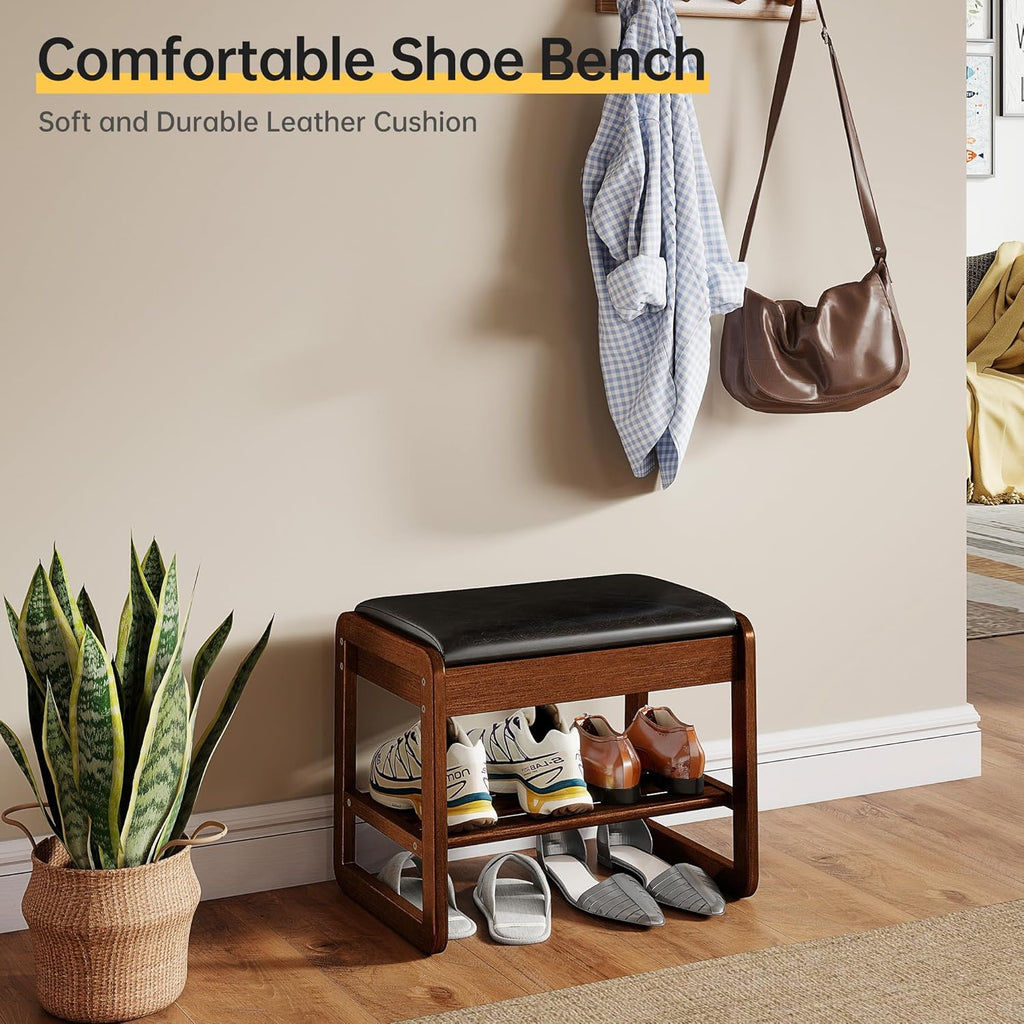Shoe Rack Bench with Flip-Top Storage, Rubberwood 2-Tier Shoe Organizer with Cushion, Small Wooden Shoe Stand for Entryway, Mudroom, Hallway, Closet, Front Door Entrance, Foyer