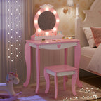 TOLEAD Girls Vanity with Lights, Mirror and Stool, Kids Make Up Vanity Set with Storage Space, Wing Pattern for Little Girls, Toddler Princess Makeup Dressing Table with Chair Set, Pink