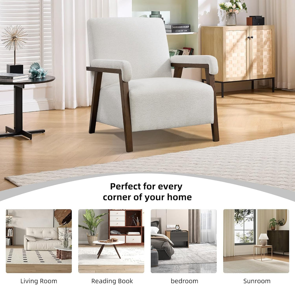 CANMOV Mid Century Modern Accent Chair, Upholstered Reading Armchair with Solid Wood Frame, Soft Fabric, Easy Assembly Sofa Chair for Bedroom, Living Room & Cafe (1, Crem White)