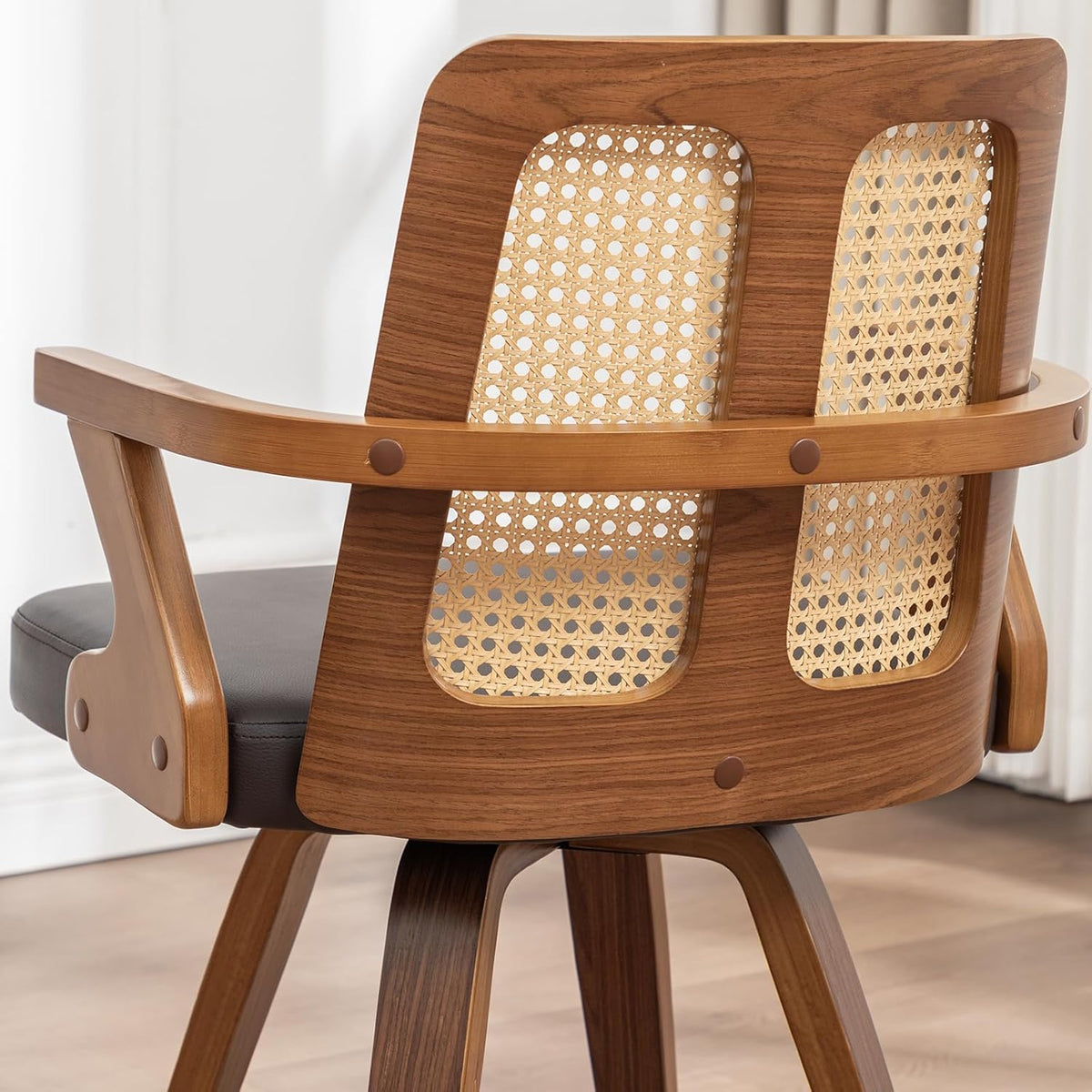 Walnut Dining Chairs - Swivel Rattan Dining Chairs with Bentwood Frame with Ergonomic Cane Back, Curved Arms, MCM Dining Chairs for Kitchen/Restaurant/Living Room/Conference (Walnut Brown, Set of 4)