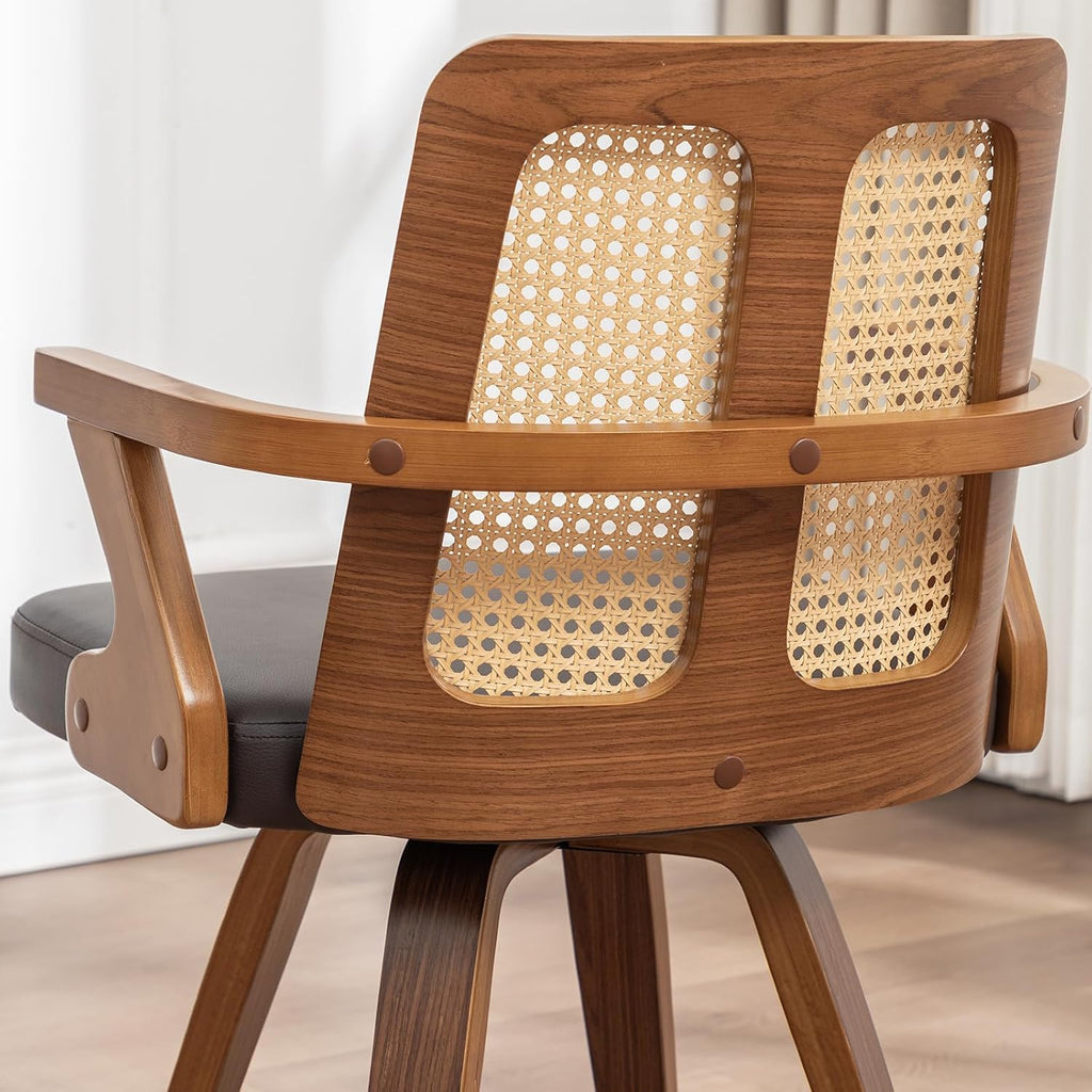 Walnut Dining Chairs - Swivel Rattan Dining Chairs with Bentwood Frame with Ergonomic Cane Back, Curved Arms, MCM Dining Chairs for Kitchen/Restaurant/Living Room/Conference (Walnut Brown, Set of 2)