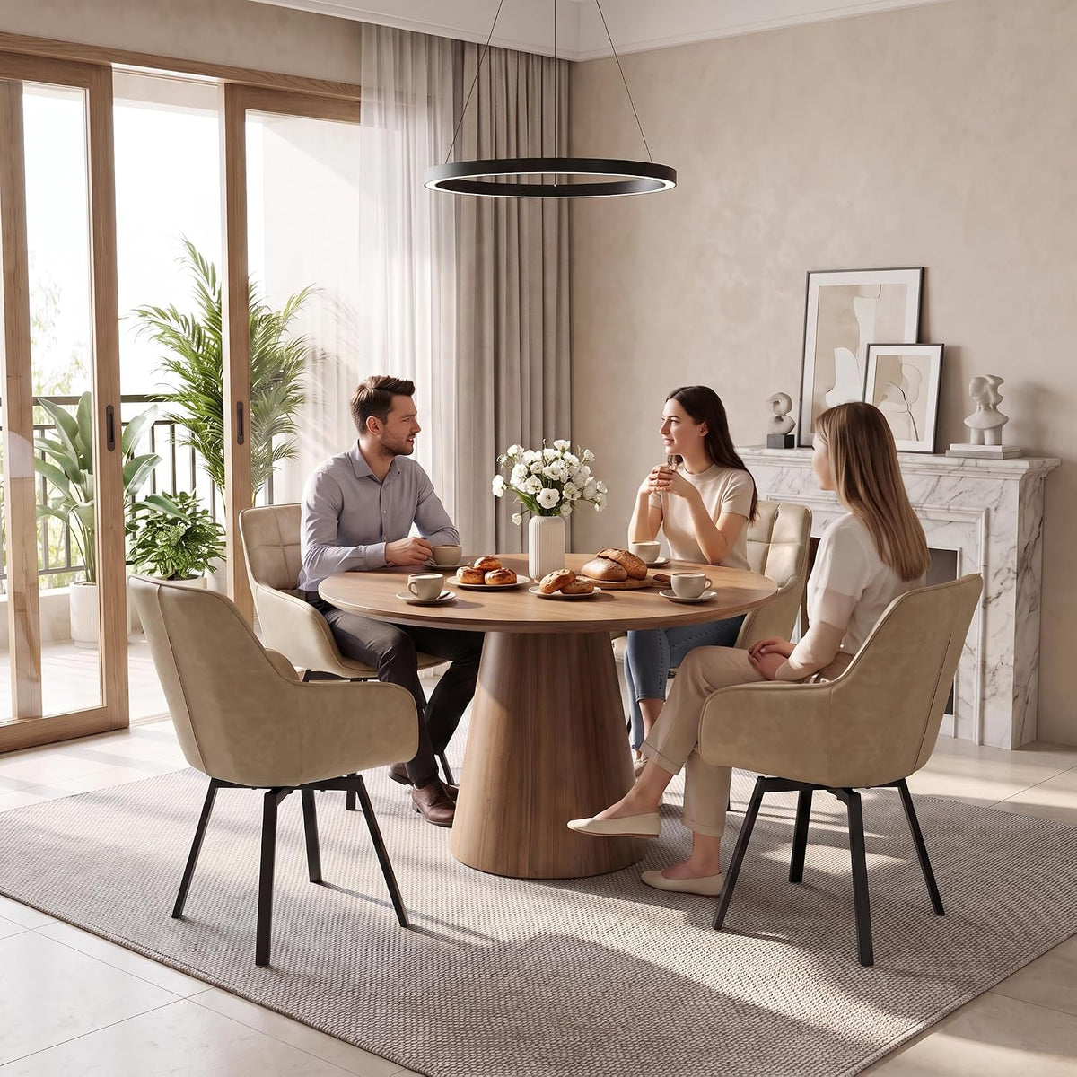 TUKAILAi Swivel Dining Chairs Set of 4, Faux Leather Dining Chairs with Arms & Metal Legs, Upholstered Mid Century Rotatable Kitchen Chairs for Living Room Bedroom Kitchen Restaurant (Cream)