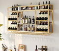 55 Inch Wine Rack Wall Mounted, 3-Tier Wall Bar Shelf with Glass Holder, Industrial Metal Wine Storage Display Rack for Home Bars or Kitchen Display, Gold