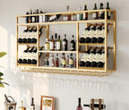 55 Inch Wine Rack Wall Mounted, 3-Tier Wall Bar Shelf with Glass Holder, Industrial Metal Wine Storage Display Rack for Home Bars or Kitchen Display, Gold