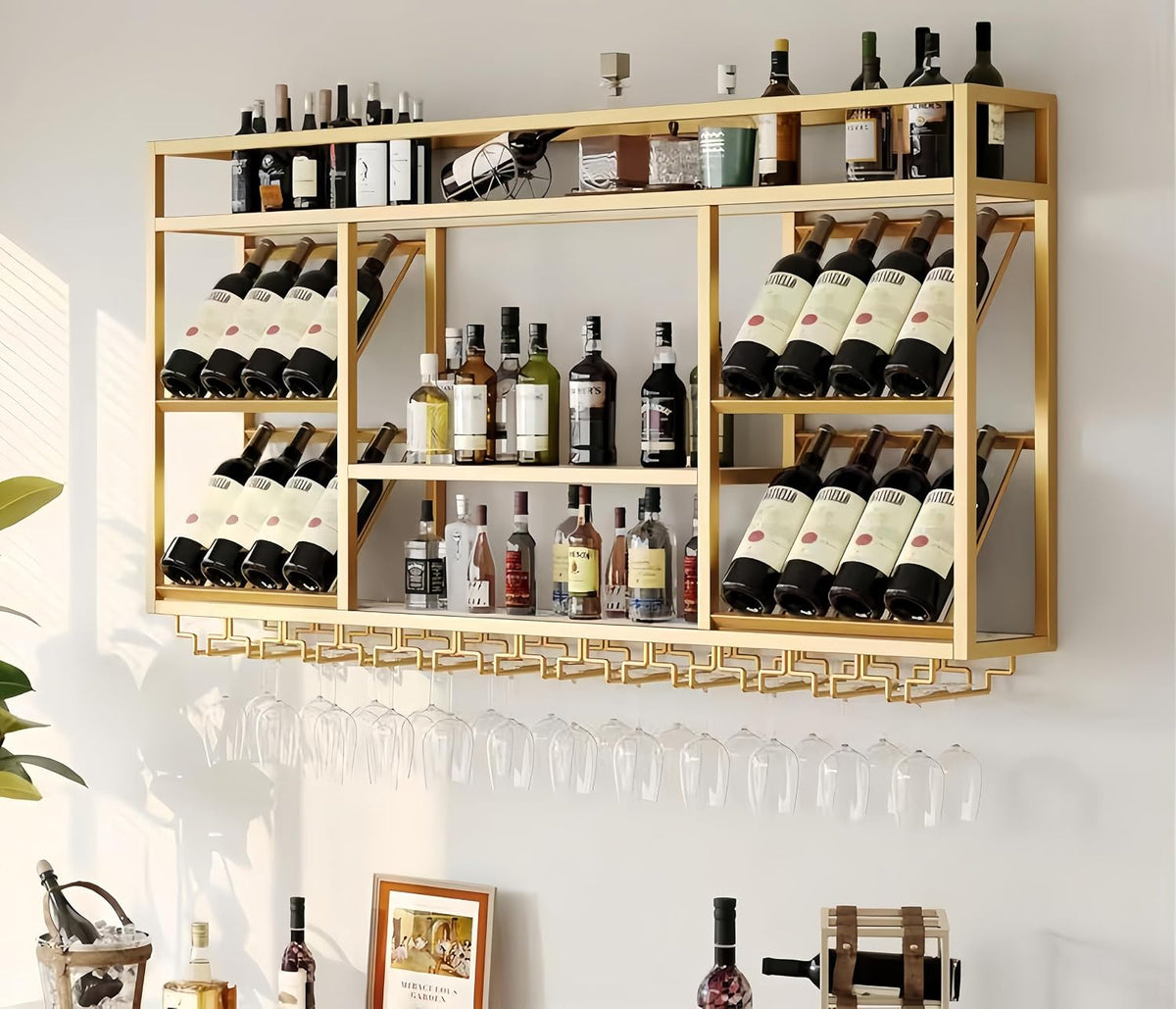 55 Inch Wine Rack Wall Mounted, 3-Tier Wall Bar Shelf with Glass Holder, Industrial Metal Wine Storage Display Rack for Home Bars or Kitchen Display, Gold