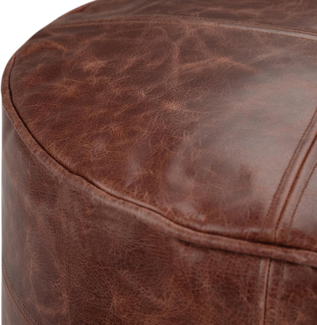 SIMPLIHOME Connor 18" Wide Round Pouf in Distressed Brown Genuine Leather | Boho footstool, extra seating for living room or bedroom with polystyrene filling, assembled; pouf ottoman or floor cushion.