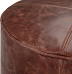 SIMPLIHOME Connor 18" Wide Round Pouf in Distressed Brown Genuine Leather | Boho footstool, extra seating for living room or bedroom with polystyrene filling, assembled; pouf ottoman or floor cushion.