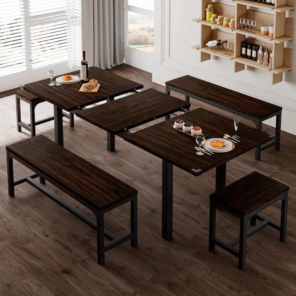 Feonase 5-Piece Dining Table Set for 4-8 People, 63" Extendable Kitchen Table Set with 2 Benches and 2 Square Stools, Dining Room Table with MDF Wood Board, Easy Clean, Dark Brown