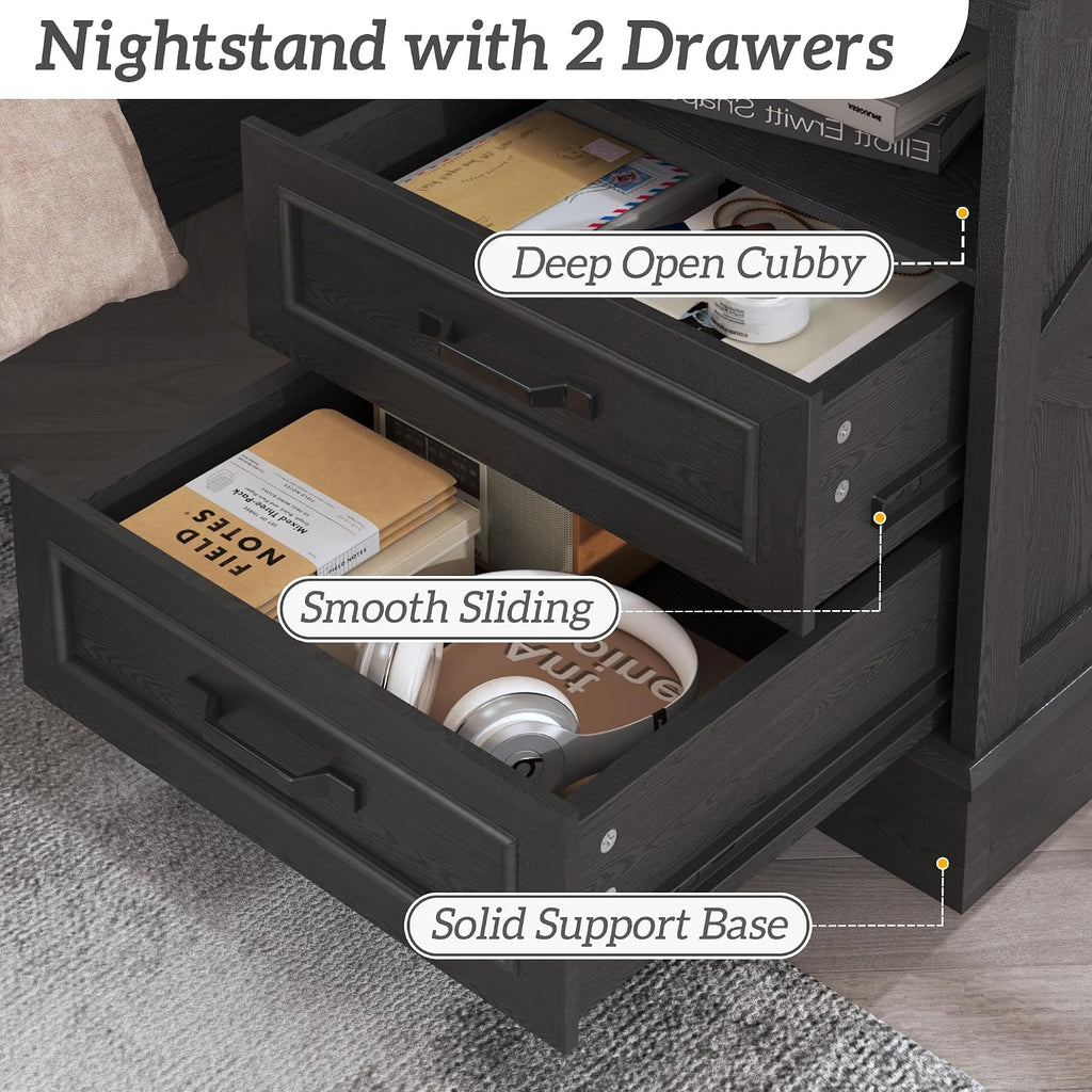 Fluest 24" Tall Farmhouse Nightstands Set of 2, Night Stands with Fast Charging Station, Beside Tables with Drawers and Open Storage, Rustic End Tables for Bedroom, Antique Black