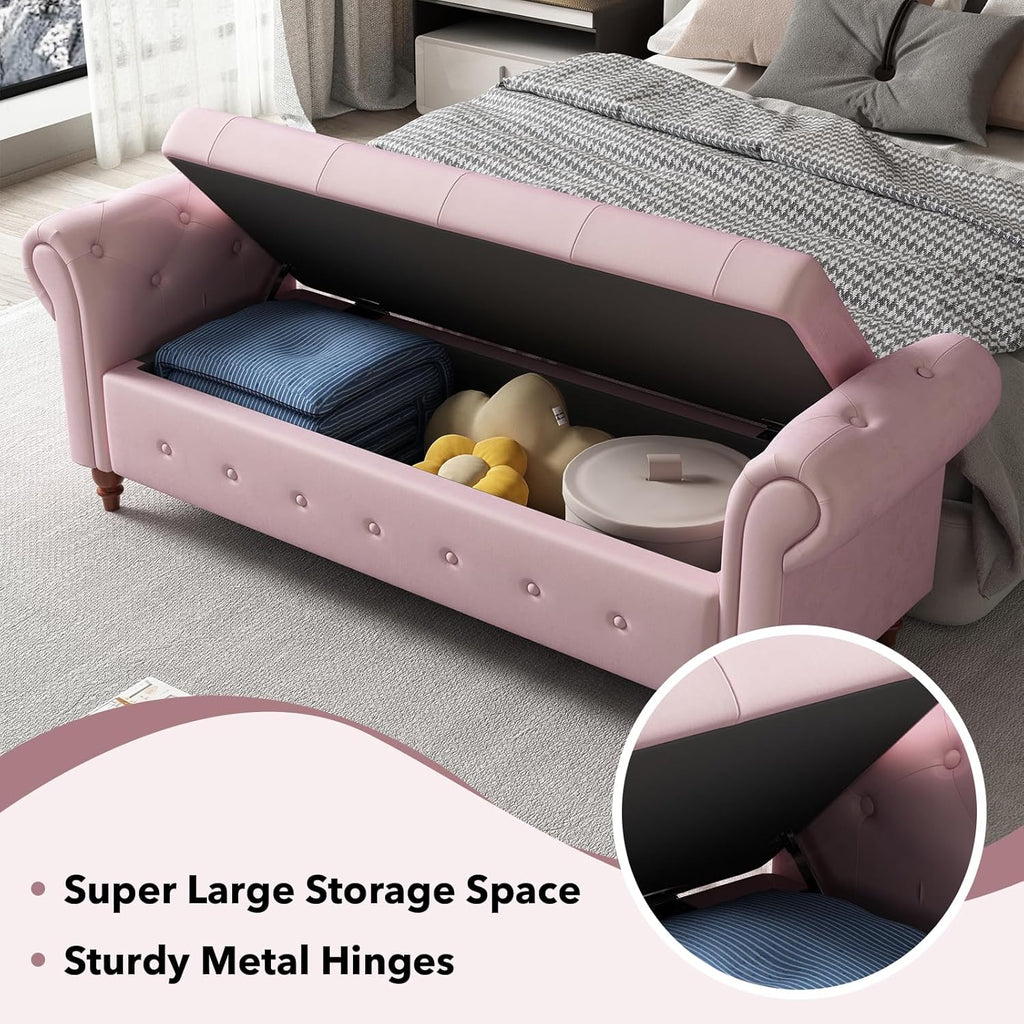 63" Wide Storage Bench, Velvet Upholstered End of Bed Bench with Pull Ring Design, Storage Shoe Cabinet Bench with Rolled Arm, Modern Window Bench for Bedroom (Pink)