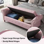 63" Wide Storage Bench, Velvet Upholstered End of Bed Bench with Pull Ring Design, Storage Shoe Cabinet Bench with Rolled Arm, Modern Window Bench for Bedroom (Pink)