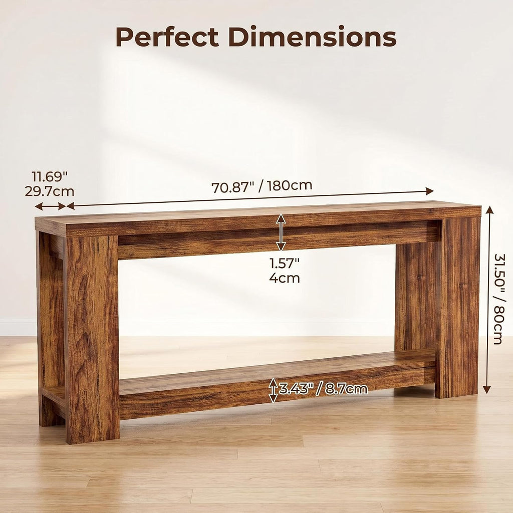 70.9" Rustic Farmhouse Console Sofa Table - Heavy Duty MDF Entryway Table with 2-Tier Storage, Narrow Long Table for Behind Couch, Brown