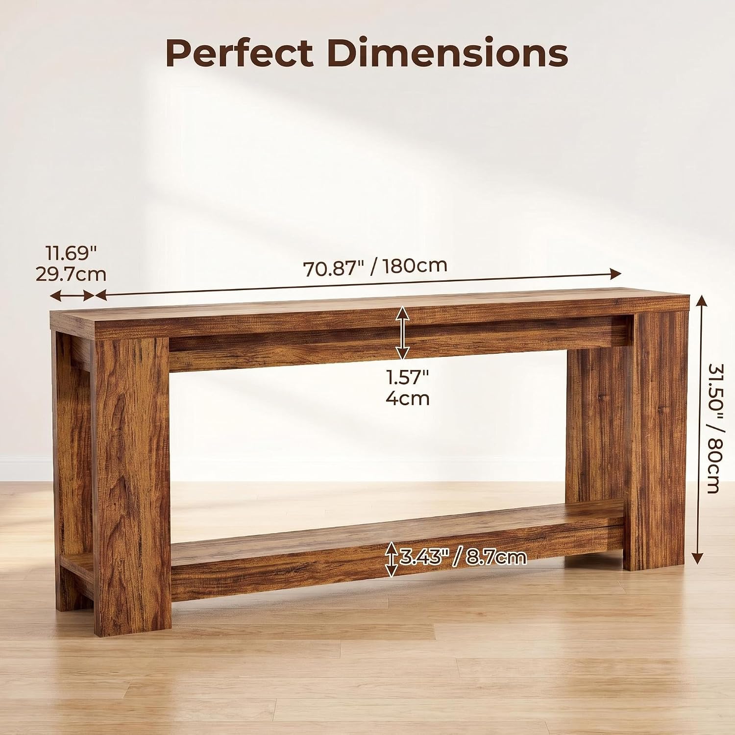 70.9" Rustic Farmhouse Console Sofa Table - Heavy Duty MDF Entryway Table with 2-Tier Storage, Narrow Long Table for Behind Couch, Brown
