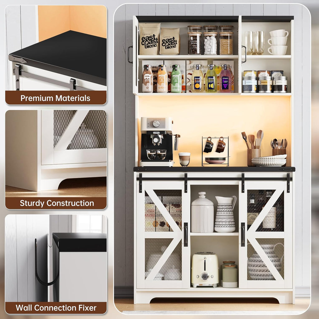 71" Tall Farmhouse Pantry Storage Cabinet With LED Lights and Charging Station, Adjustable Shelves, Sliding Doors, Kitchen Cupboard, White