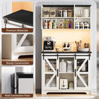 71" Tall Farmhouse Pantry Storage Cabinet With LED Lights and Charging Station, Adjustable Shelves, Sliding Doors, Kitchen Cupboard, White