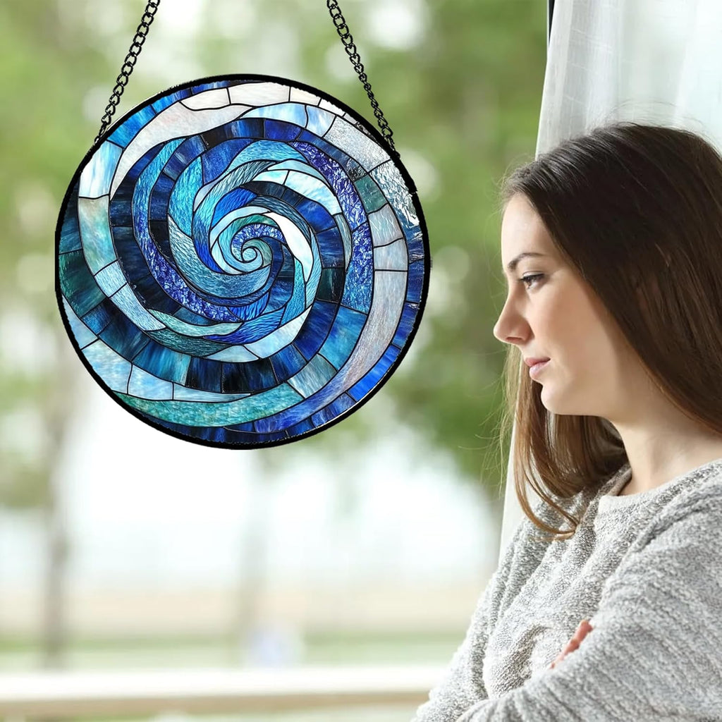 Stained Glass Window Hanging - Blue Abstract Swirl Suncatcher for Doors Garden Patio Unique Sun Catchers Decor Christmas Mother's Day Birthday Gifts for Women Men Mom Nana Friend 7.8 in