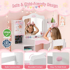 MU Kids Vanity, Girl Vanity Set with Mirror and Stool, 2 in 1 Toddler Makeup Vanity Table with Jewelry Storage, Wooden Princess Makeup Desk Dressing Table for Little Girls, (White)