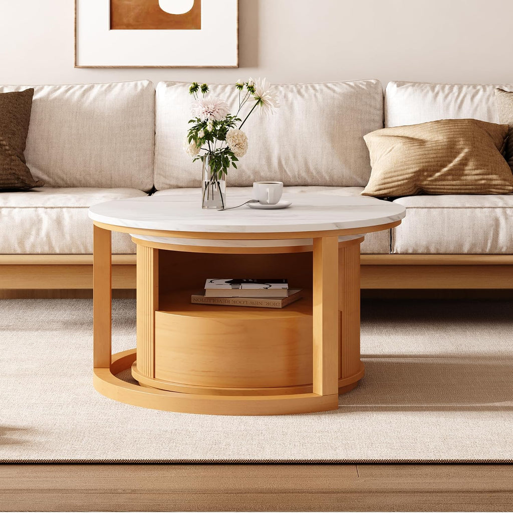 28" Marble Veneer MDF Nesting End Table, Nesting End Tables with Tiered Storage, Coffee Table Set with Hidden Drawer for Modern Compact interiors, Natural