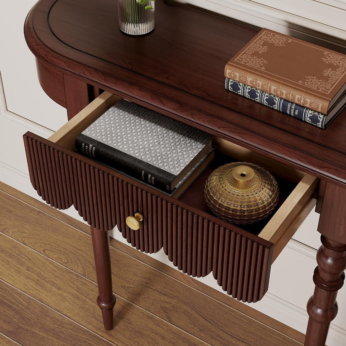 Solid Wood Console Table with Drawer – Dark Walnut Entryway Table with Scalloped Edge and Straight Legs, Narrow Accent Sofa Table for Living Room or Hallway(Dark Walnut)