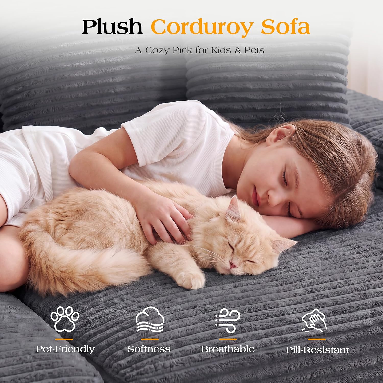 85'' Loveseat Chaise Lounge Chair, Oversized Double Couch | Deep Seat Sofa Bed Sleeper Couch, Reading Chairs Cloud Sofas for Living Room, Bedroom, No Assembly, Corduroy Dark Gray