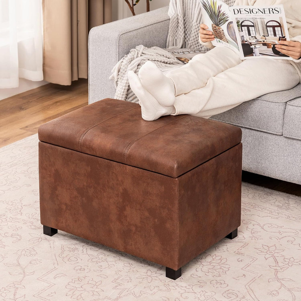 Asense 24-Inch Storage Ottoman Bench,Foot Stool Ottoman with Storage, Faux Leather Upholstered Foot Rest Seat with Safety Hinge,Wood Legs Stool for Living Room, Bedroom,Entryway,Coffee Brown