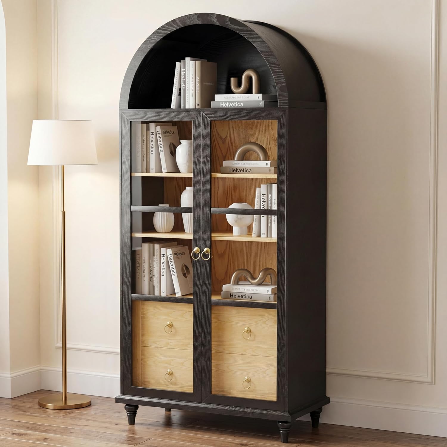 YESHOMY Kitchen Pantry Cabinet, 71" Arched Storage Cabinets Tall Pantry, Bookshelf, with Large Drawers, Shelves and Glass Doors, Farmhouse Cupboard, for Living Room, Dining Room(Textured Black)