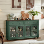 Joaxswe Farmhouse Sideboard Buffet Cabinet with Storage,Adjustable Shelves Console Table,59" Large Credenza with 4 Glass Doors & 2 Drawers,Wood Kitchen Coffee Bar for Dining Room,Living Room,Green